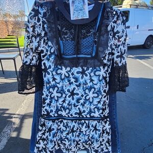 Elegant Black and White Floral Lace Midi Dress